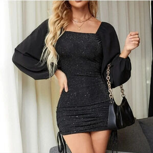 Black Casual Womens Lantern Sleeve Tie Back Drawstring Glitter Bodycon Dress